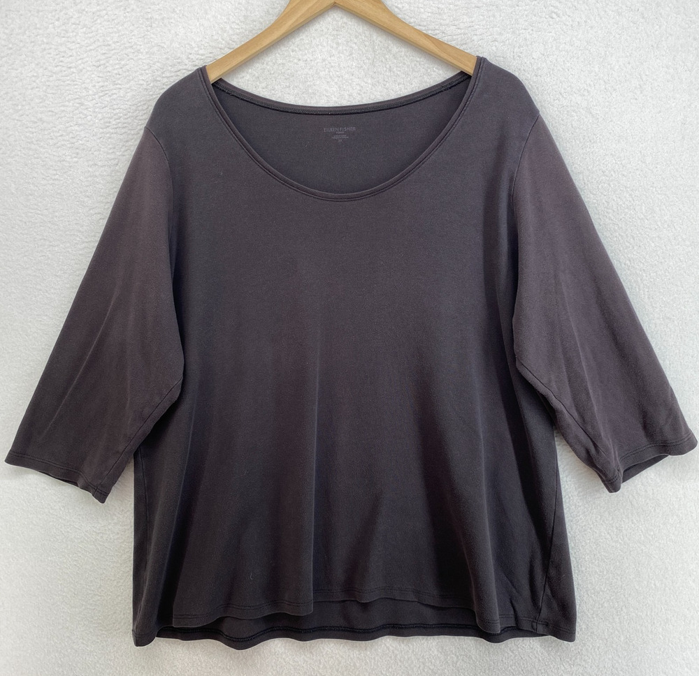 EILEEN FISHER Top 2X Organic Cotton Interlock Jersey Scoop Neck 3/4 Sleeve Gray